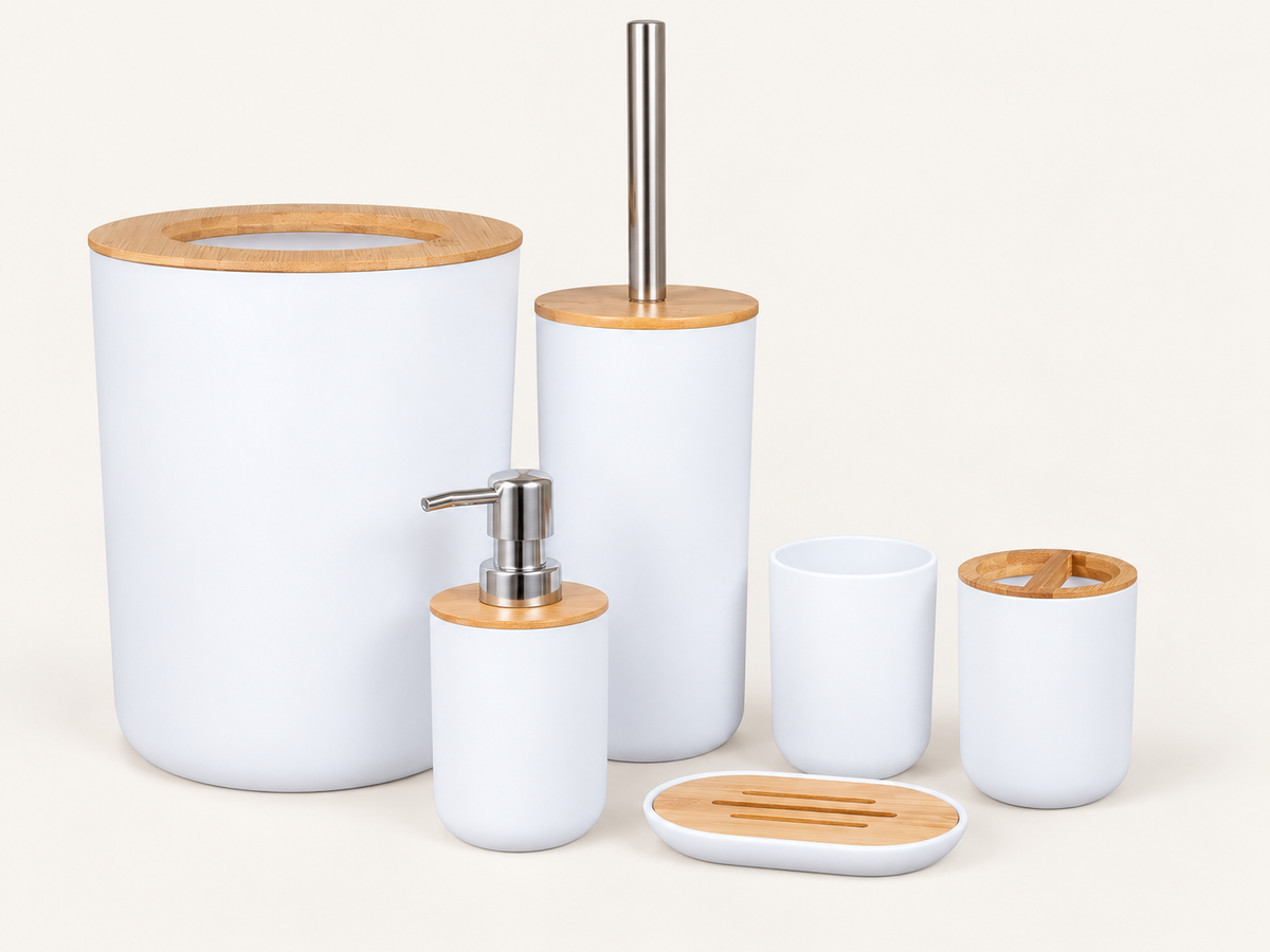White 6-piece bamboo-accent bathroom accessories set with silver metal fittings, waste bin with open bamboo rim, soap dispenser and bathroom essentials