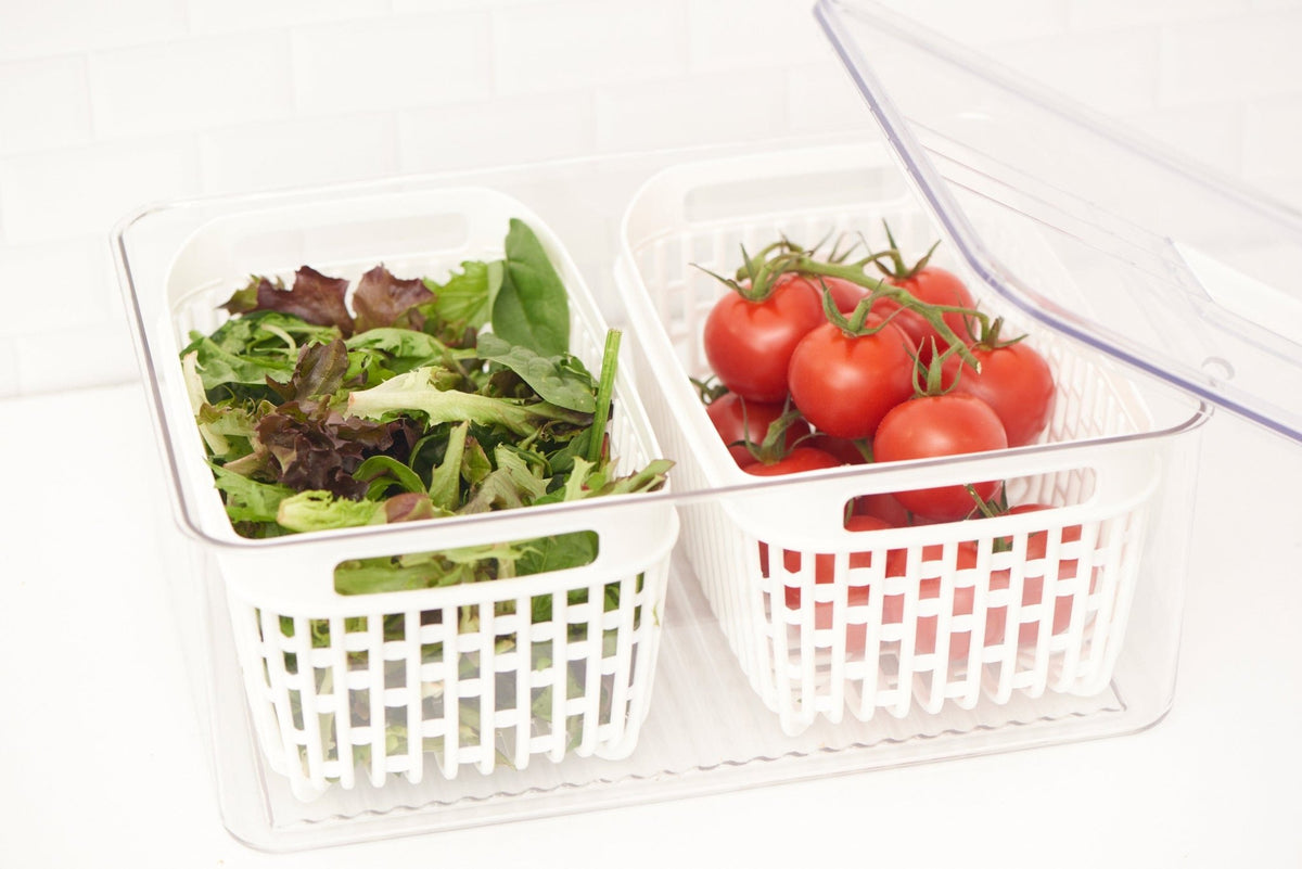 Fruit and vegetable fridge storage container with inner basket