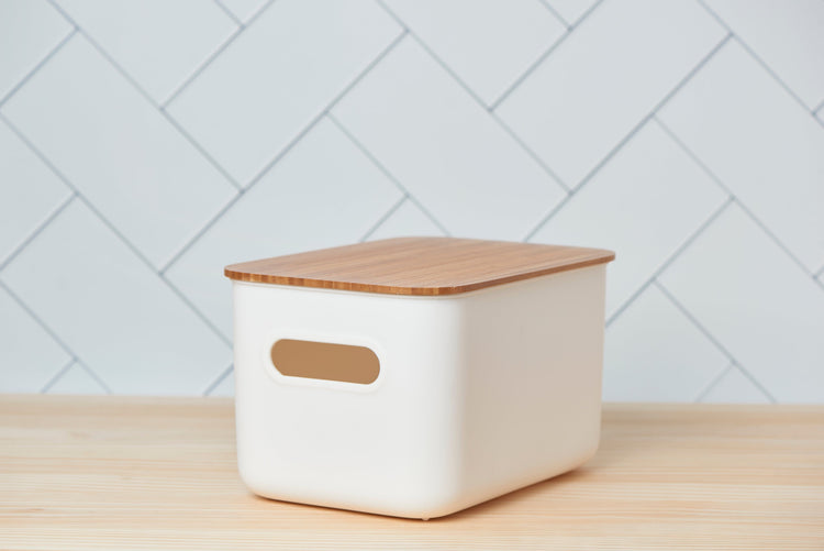 Pullen and Co Medium White Minimalist Storage Tubs with Wooden Lid (7446952968363)